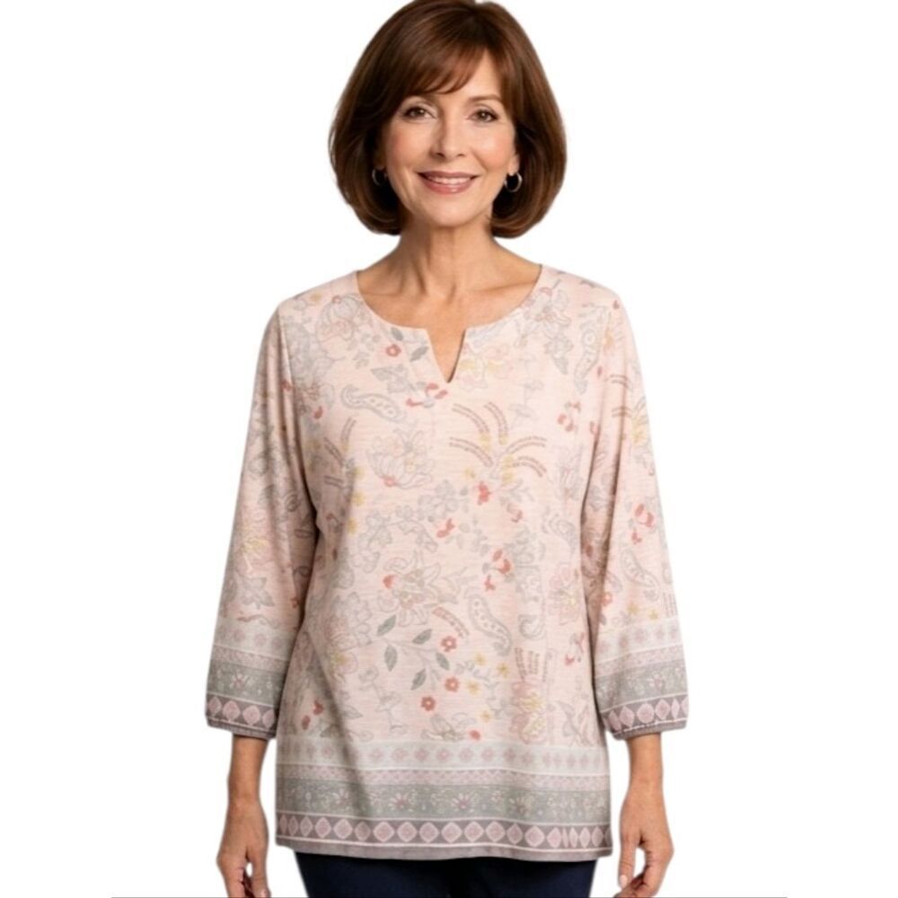 Christopher & Banks Peach Floral Pasley 3/4 Sleeve Split Neck Blouse Size XLP